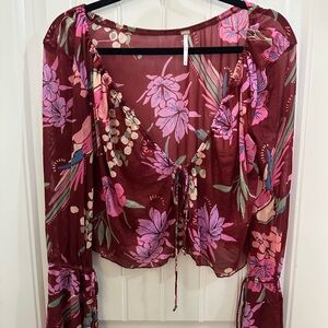 Free People Floral Sheer Burgundy Top Xs. Hippie boho